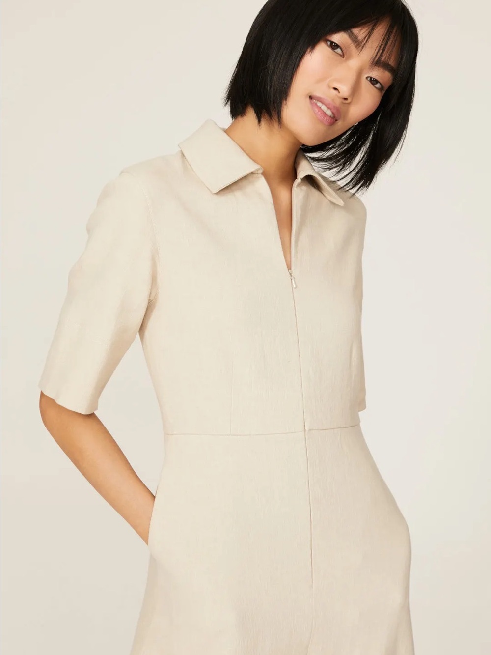 CO Cream A-Line Midi Dress with Short Sleeves